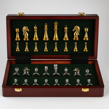 Jeu d’échecs avec plateau en bois et pièces en  zinc doré et argenté