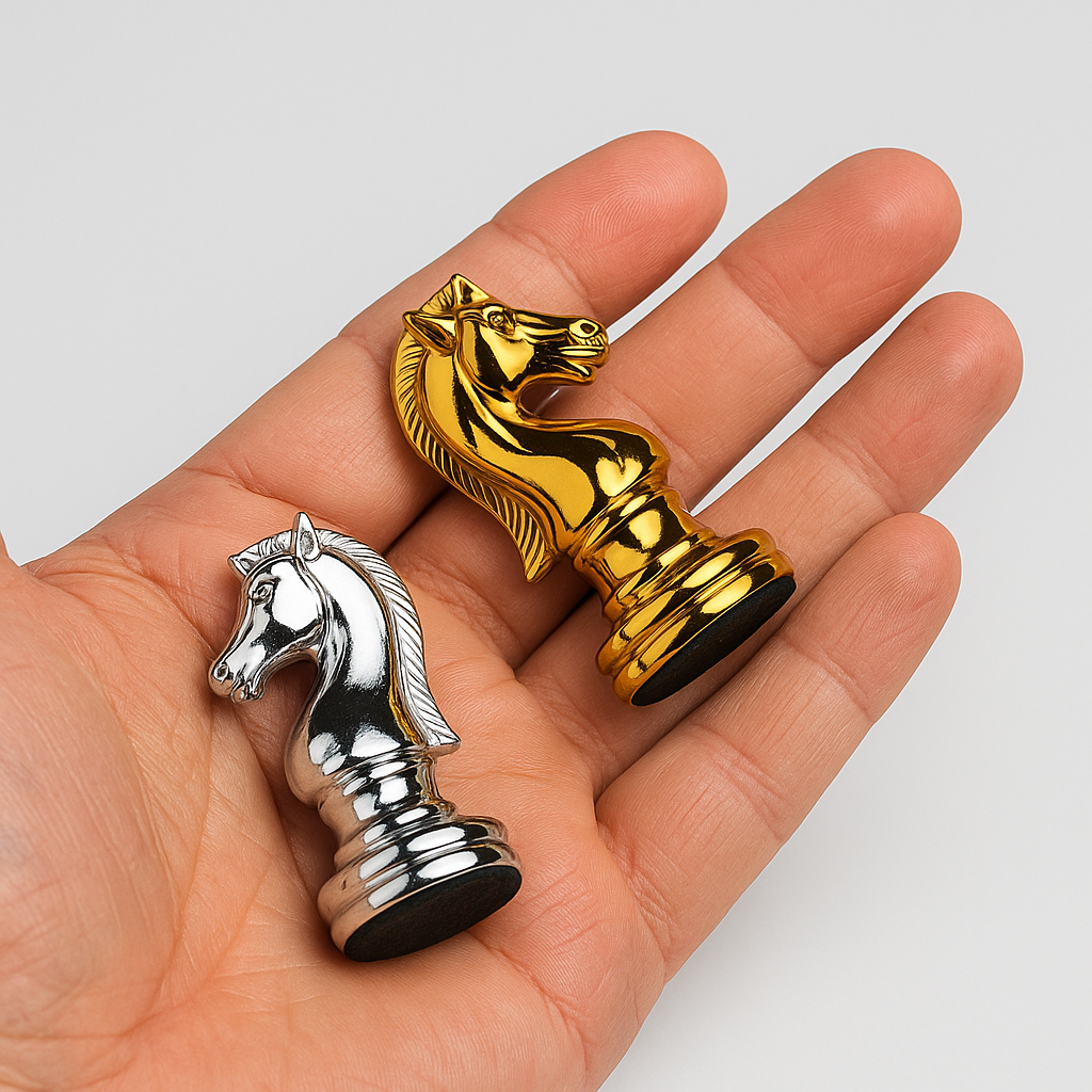 Jeu d’échecs avec plateau en bois et pièces en zinc doré et argenté